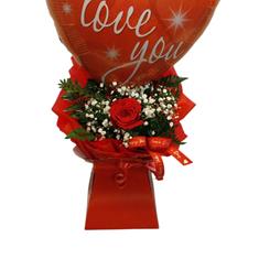 single red rose and balloon presentation